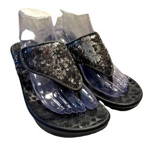 Clark's Thong Sandals Women's Size 9  Grey Sequin Platform  Wedge Boho Party Y2K